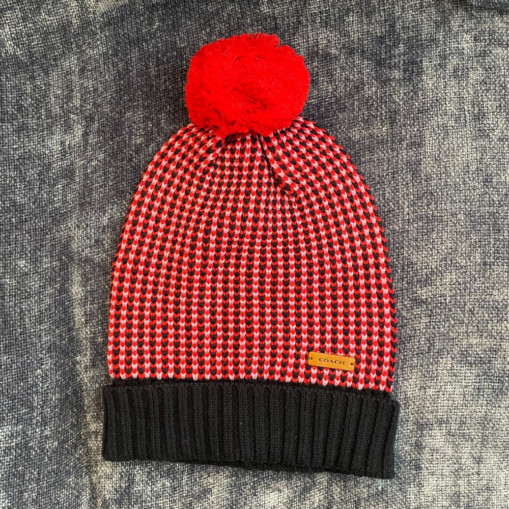 Coach Tricolor Beanie Pom Hat